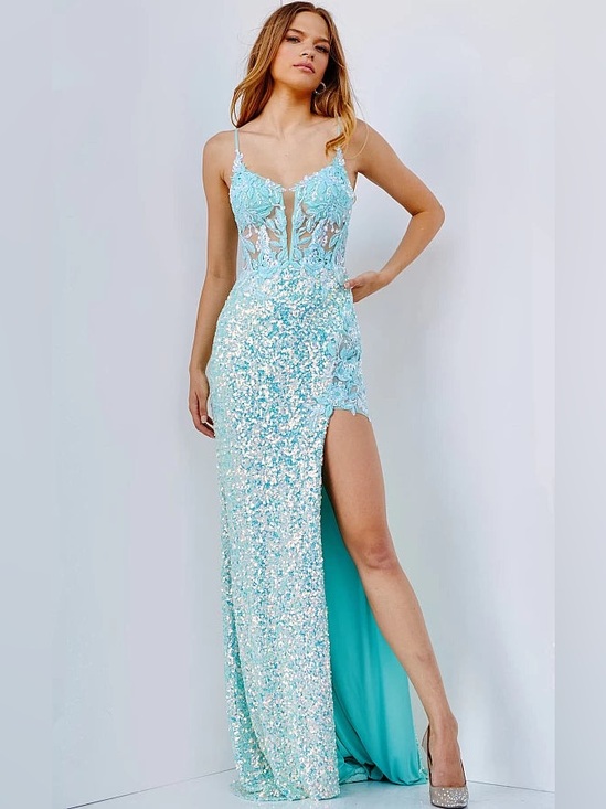 JVN by Jovani Dresses & Skirts - JVN by Jovani Aqua Sequin Lace High-Slit Prom Gown